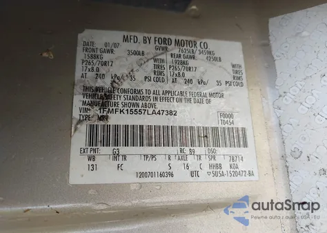 2007 Ford Expedition El Xlt z USA, uszkodzony, nr VIN 1FMFK15557LA47382